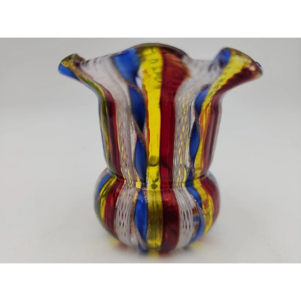 VTG MURANO Latticino Design In Tutti Fruity Colors Toothpick Holder Small Vase